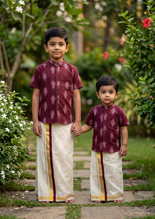Southloom Tissue Ikat Printed Kids's Combo (Shirt + Velcro Mundu) SLKCOMBO SL602