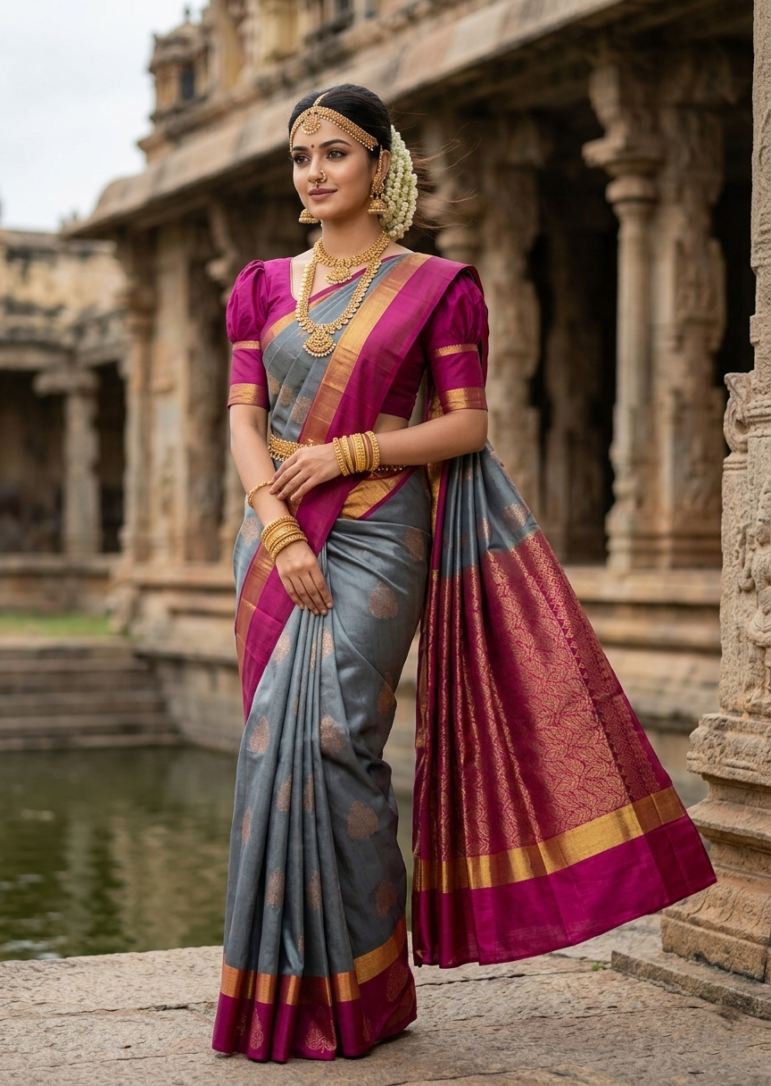 Southloom Pure Handloom Kanchipuram Silk Saree with Butta Work(Blue & Magenta)