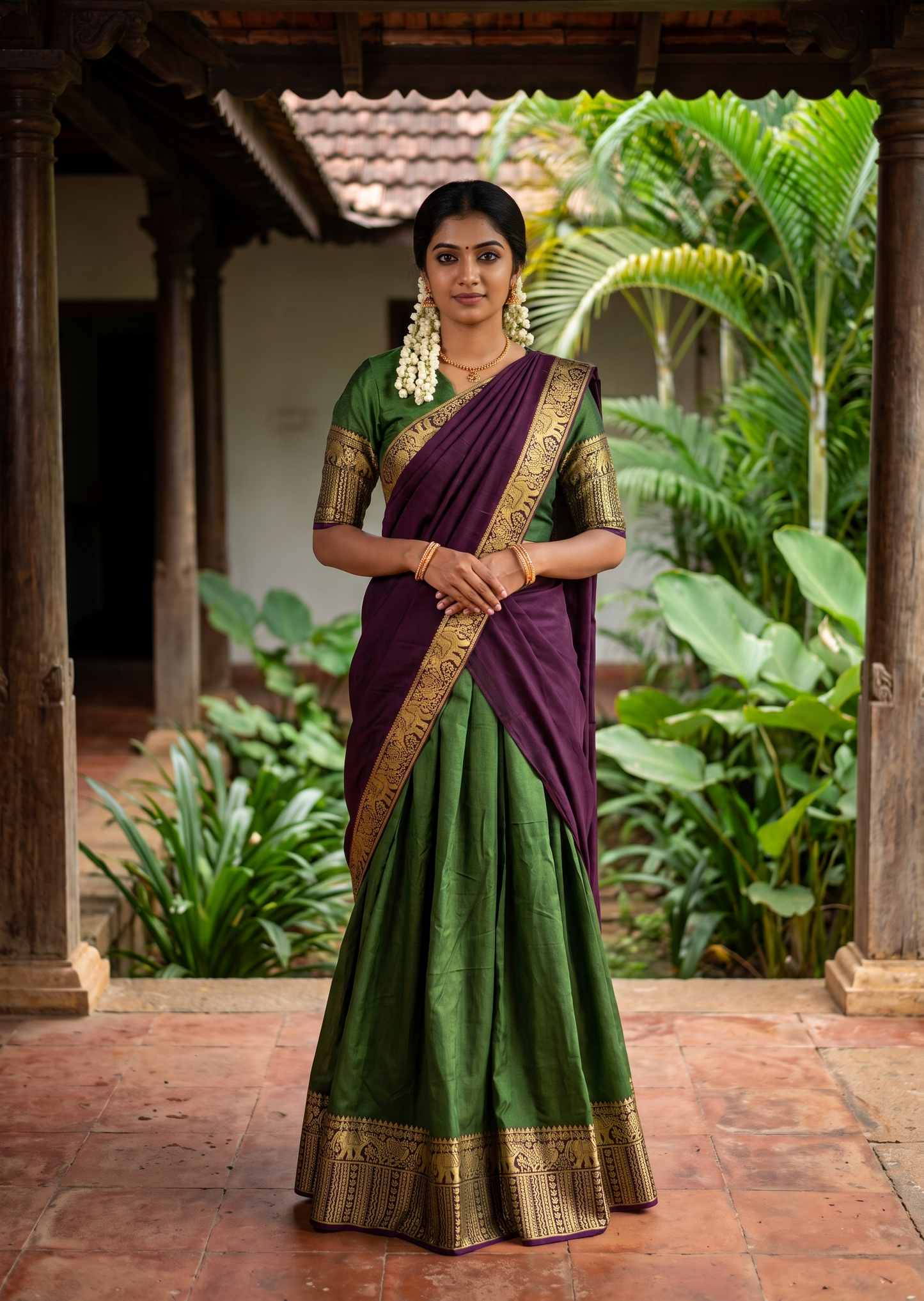 Southloom Semi Stitched Narayanpet Dhavani Set with Pavada and Olive Green Blouse Piece SLDHAVANI SL541
