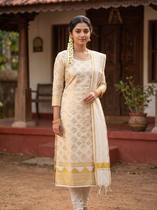 Southloom Kerala Tissue Churidar Salwar Material with Woven Work  (include Shawl / Dupatta) SL601