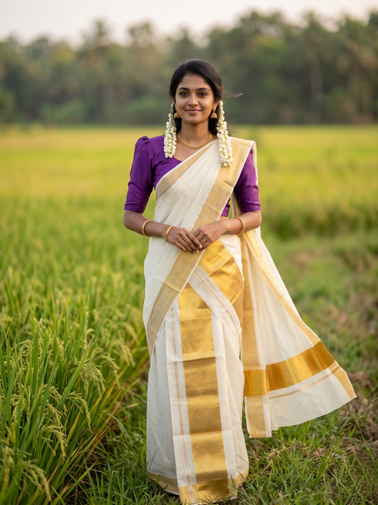 Kerala Cotton Plain Single Set Mundu (Mundum Neriyathum) with Half Fine 5 inch Border in 2.80 Mtrs