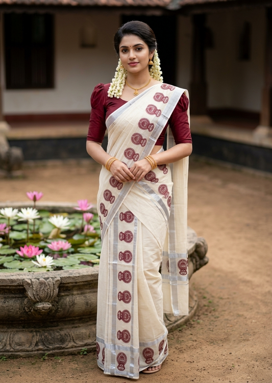 Southloom Pure Cotton Kerala Single Set Mundu (Mundum Neriyathum) with Maroon Printed And Silver Border 2.80 Mtrs