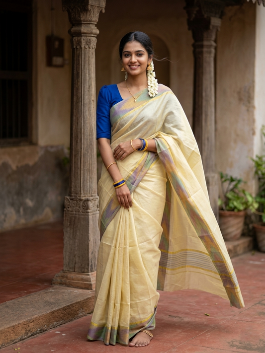 Southloom Kerala Tissue Kasavu Saree with Multi Colour Pochampally Design on Borders and Kara