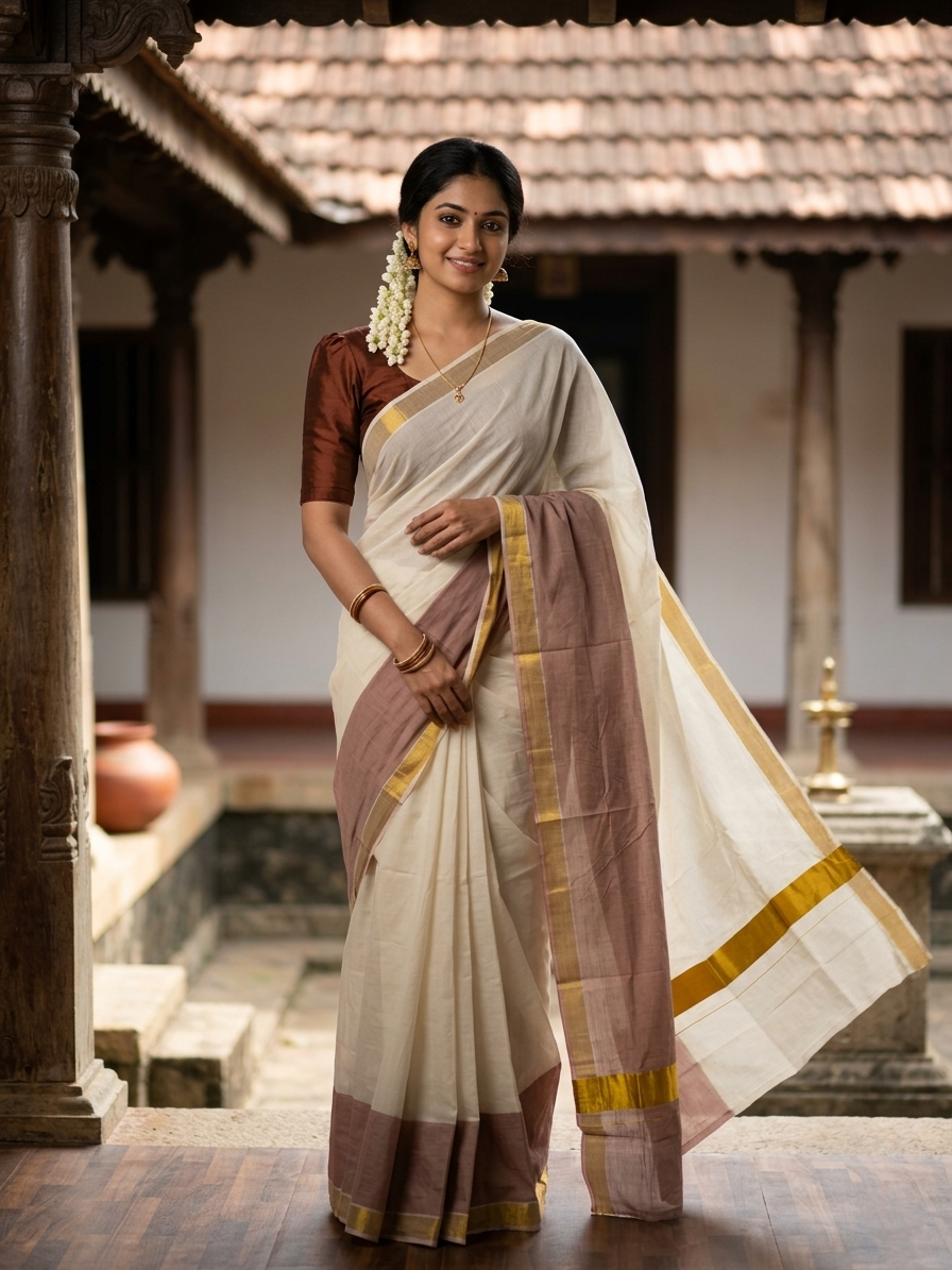 Southloom Tie and Dye Multi Colour Brown Kasavu Saree SL264