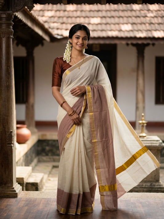 Southloom Tie and Dye Multi Colour Brown Kasavu Saree SL264