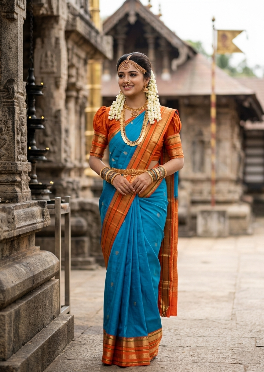 Southloom Pure Handloom Bridal Kanchipuram Silk Saree with Korvai Work (Blue & Orange)