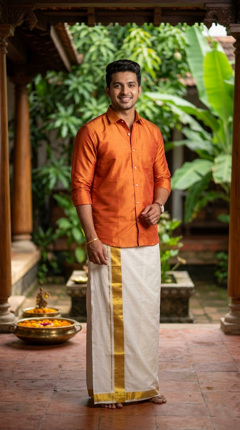 Southloom Kerala Pure Cotton Double Mundu with Gold Kasavu and Border (South Indian Dhoti)