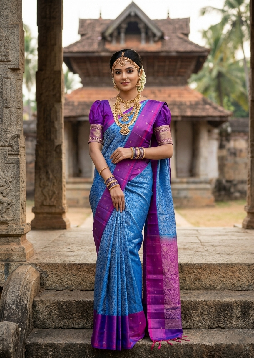 Southloom Pure Handloom Bridal Kanchipuram Silk Saree with Korvai Work (Purple & Blue)