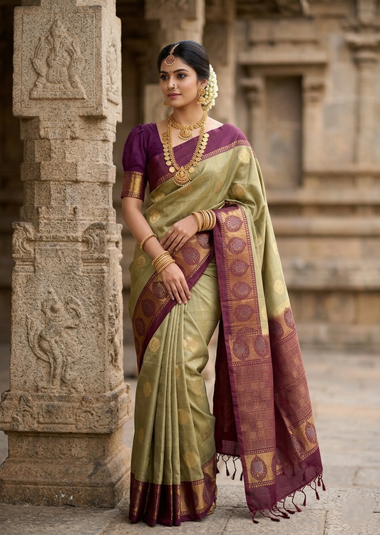 Southloom Pure Handloom Bridal Kanchipuram Silk Saree with Korvai Work (Purple & Green)