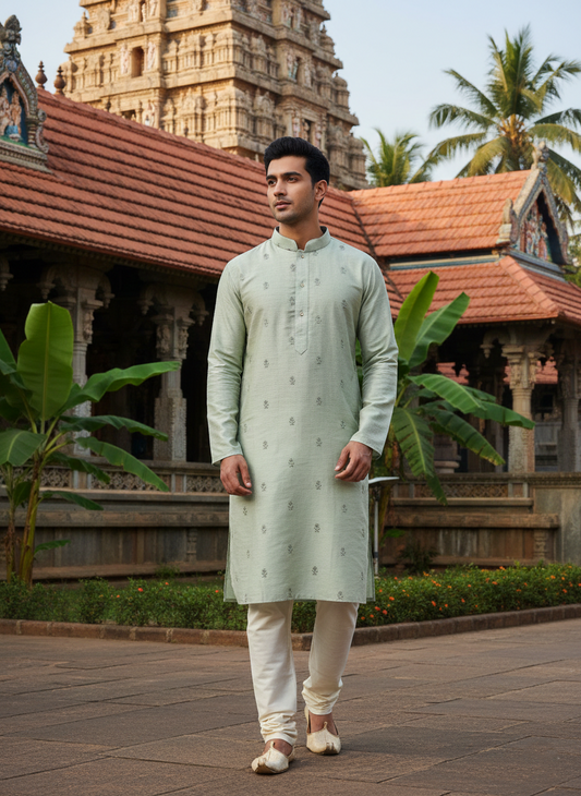 Southloom Semi Silk Short Kurta for Men in Green Colour
