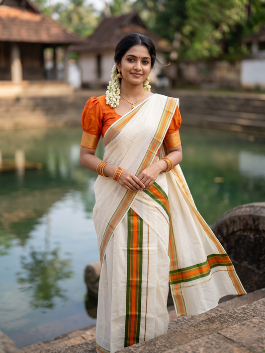 Southloom Kerala Cotton Kasavu Single Set Mundu (Mundum Neriyathum) with Green And orange Kasavu Border