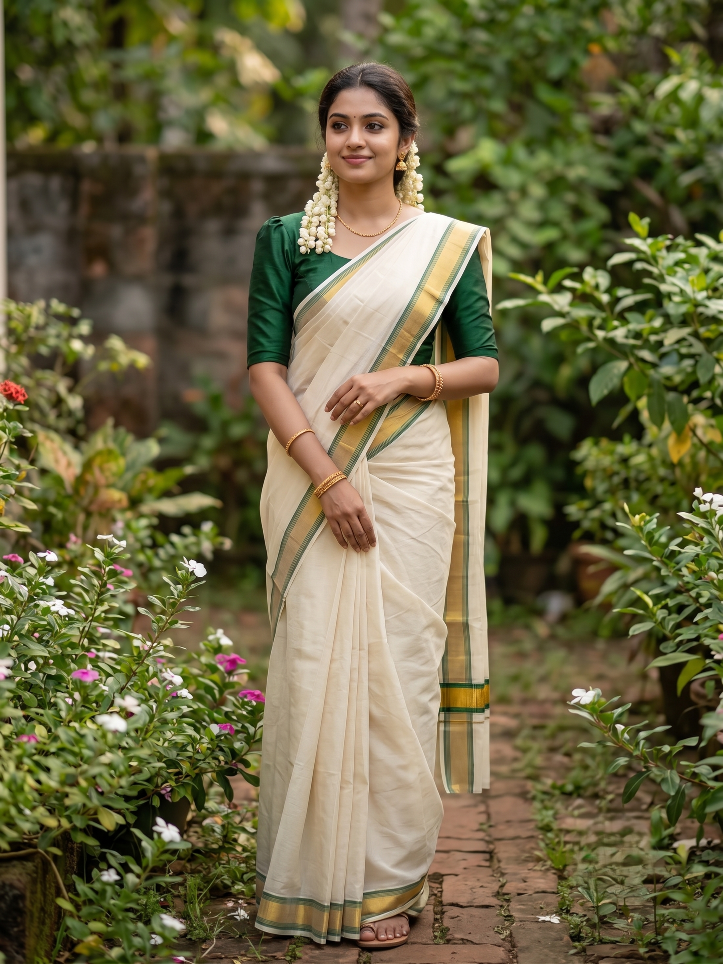 Southloom Kerala Cotton Kasavu Saree with Green Border