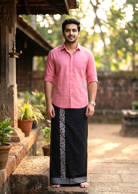 Southloom Black Printed Single Mundu / Otta Mundu / Lungi (South Indian Kerala Dhoti)