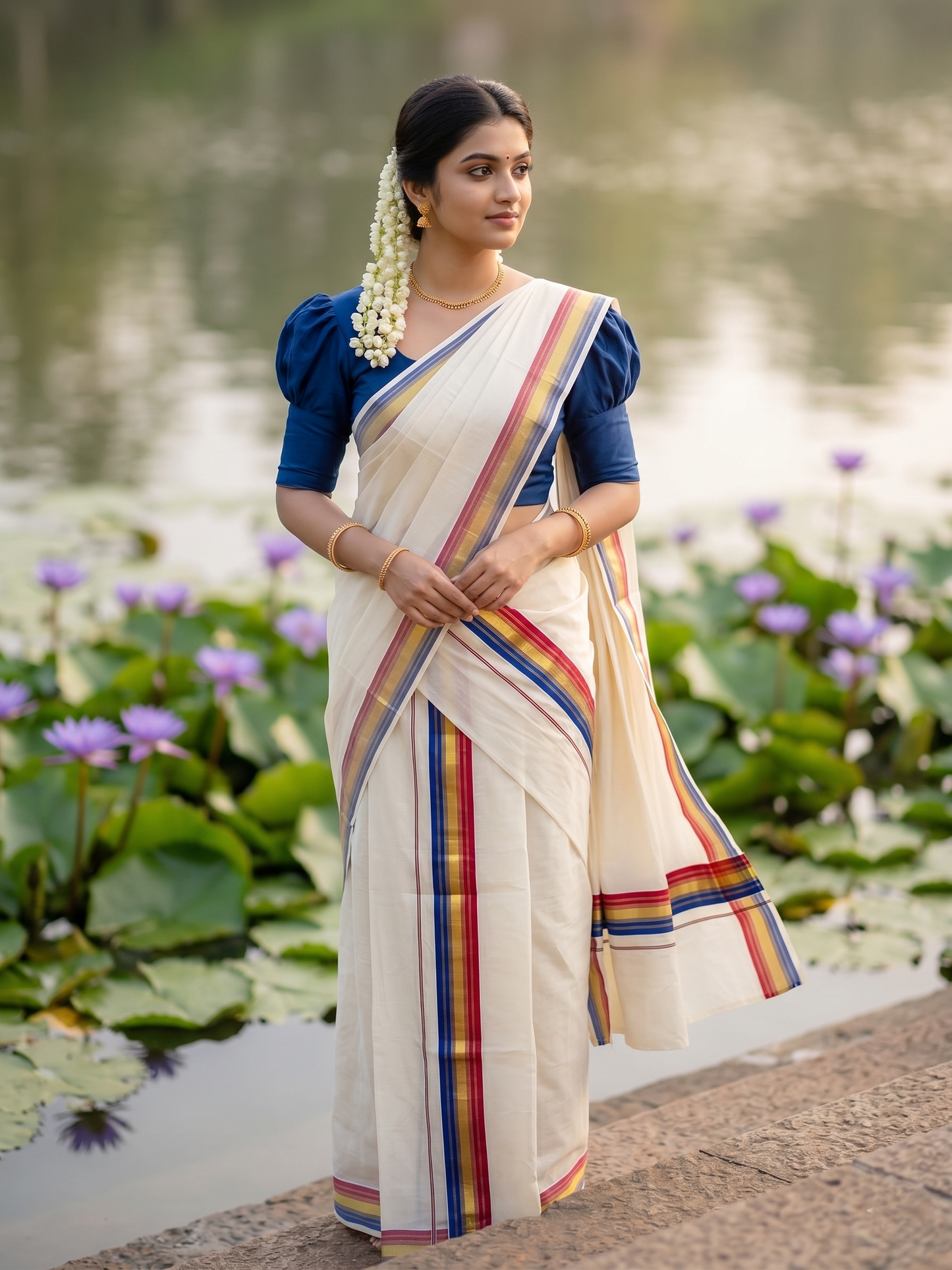 Southloom Kerala Cotton Kasavu Single Set Mundu (Mundum Neriyathum) with Blue and Magenta Kasavu Border SLKK SL480