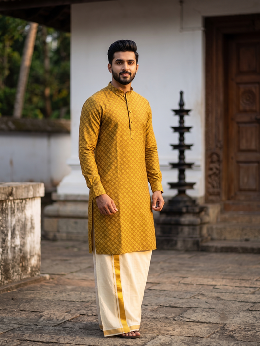 Southloom Yellow Woven Semi Silk Short Kurta for Men SL590