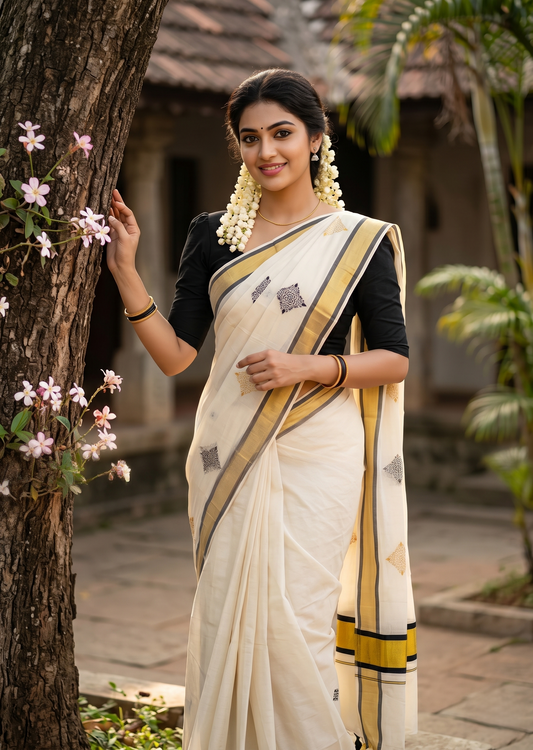 Southloom Pure Cotton Kerala Saree with Digital Print On The Body In Black With Gold Kasavu Border SL367