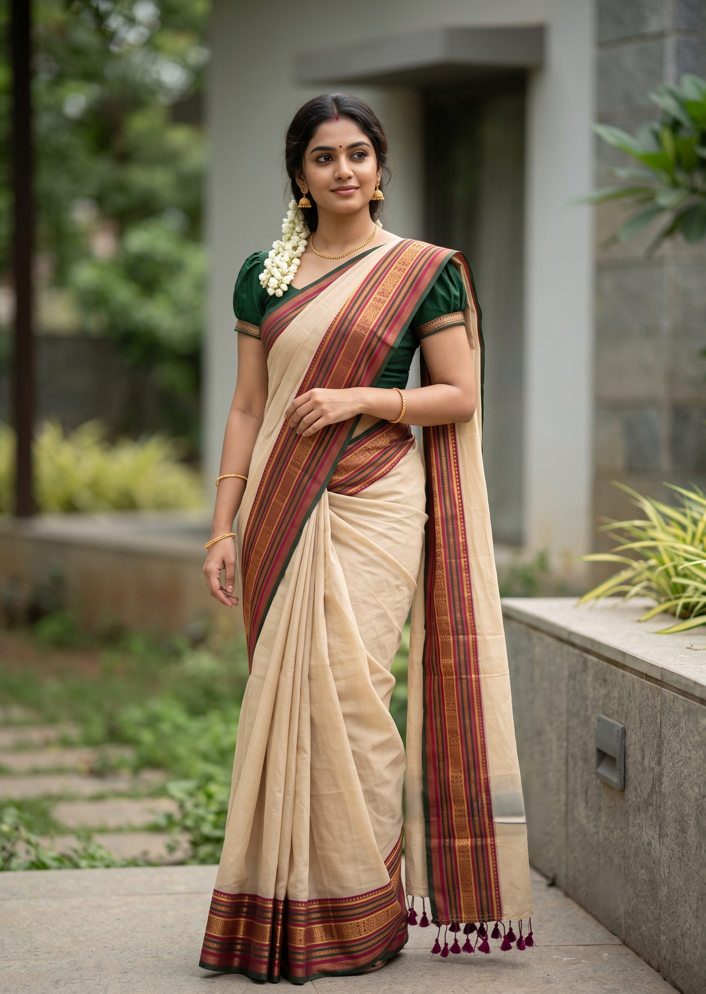 Southloom Mul Cotton 120 x 120 Soft Fabric Saree with Pink& Green in Kanchi Border SL215