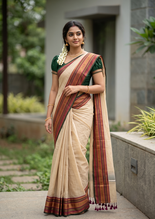 Southloom Mul Cotton 120 x 120 Soft Fabric Saree with Pink& Green in Kanchi Border SL215