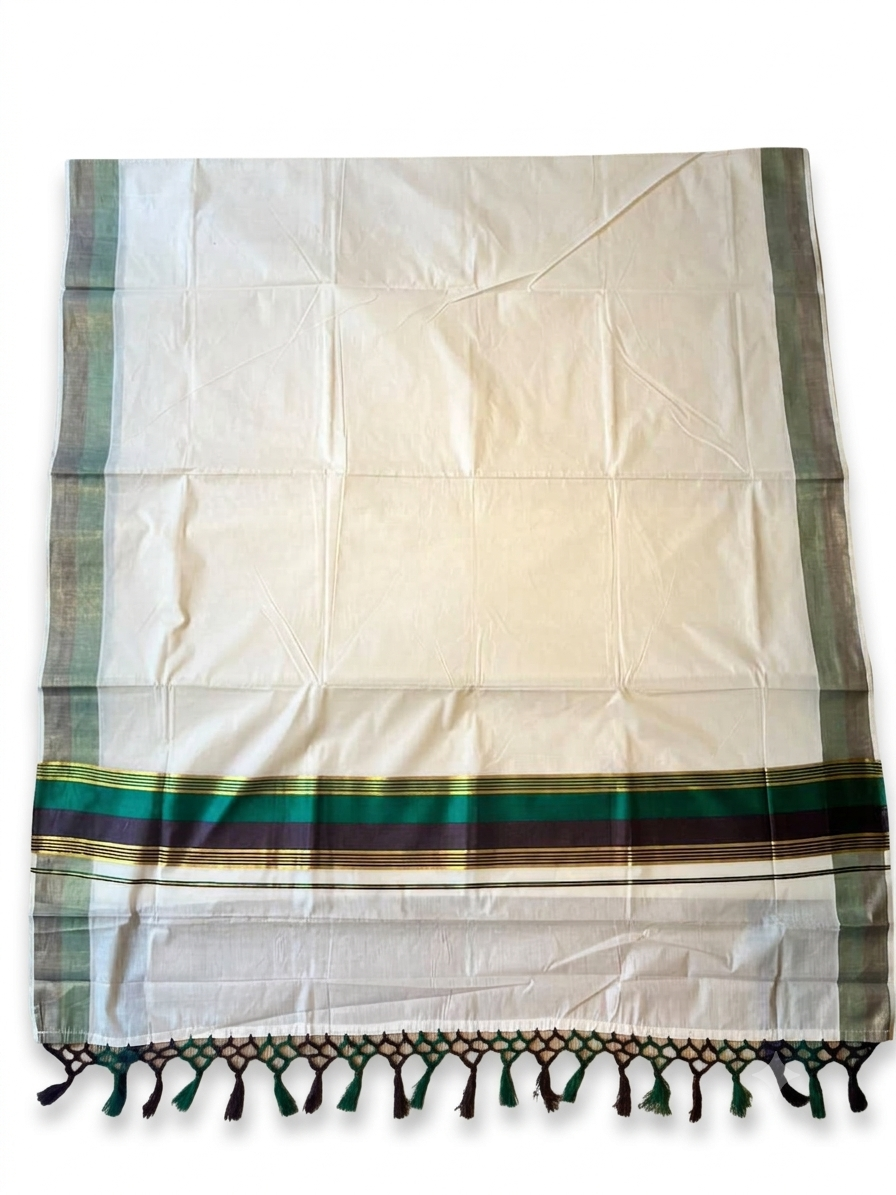 Kerala Cotton Kasavu Saree With Green And Dark Purple Borders SL499
