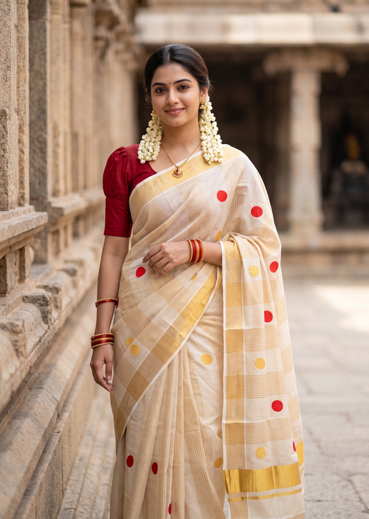 Southloom Kerala Tissue Kasavu Stripes Saree with Polka Embroidery Works on Body in Red