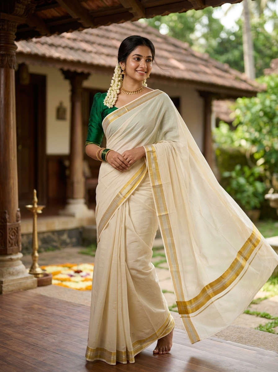 Southloom Pure Cotton Kerala Saree with Gold and Silver Kasavu Border in 3 inch