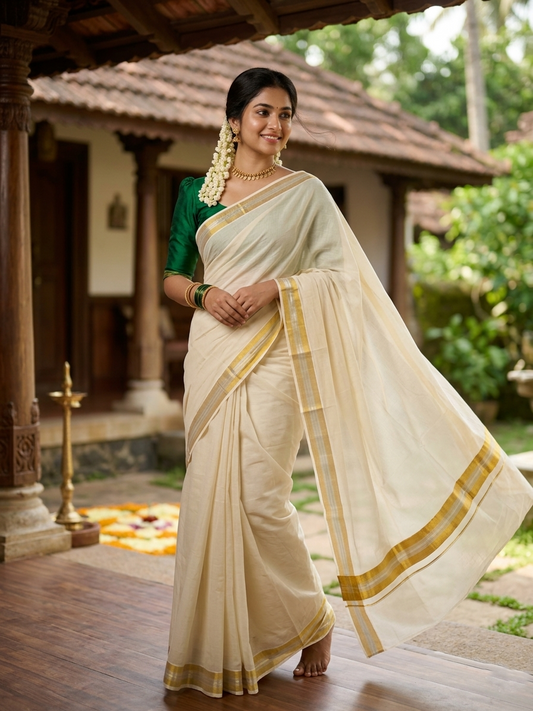 Southloom Pure Cotton Kerala Saree with Gold and Silver Kasavu Border in 3 inch