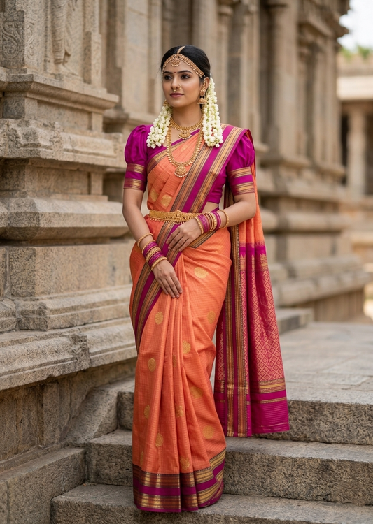 Southloom Pure Handloom Bridal Kanchipuram Silk Saree with Korvai Work (Peach & Magenta)