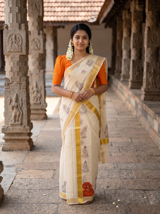 Southloom Kerala Cotton Set Mundu (Mundum Neriyathum) with Theyyam Printed Design SL494