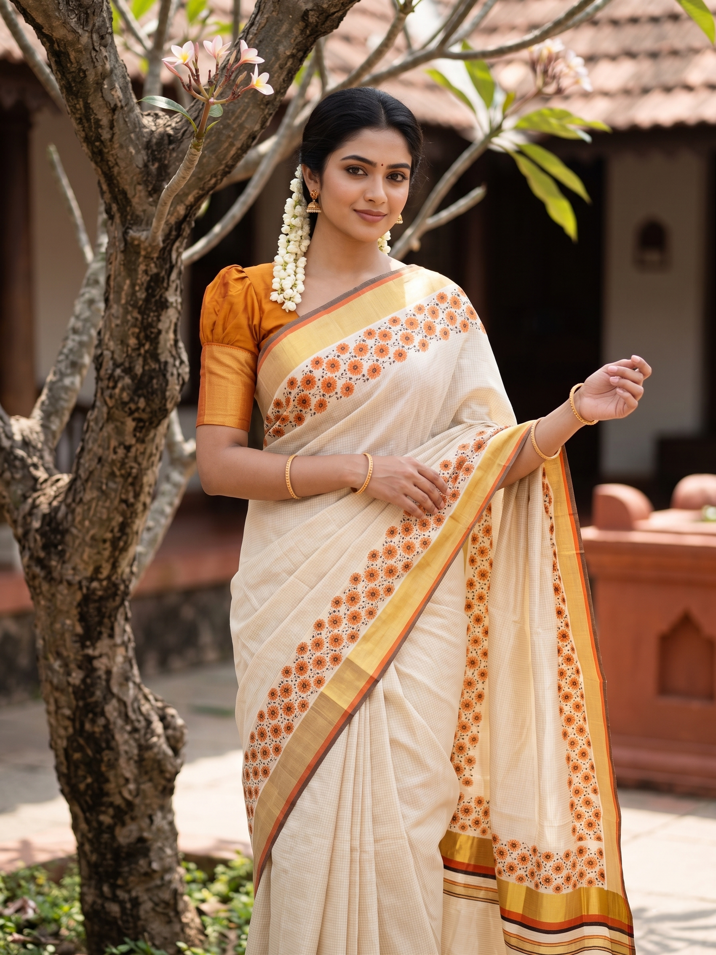 Southloom Kerala Cotton Kasavu Saree with Micro Check And Floral Design on Body In Orange And Black Border