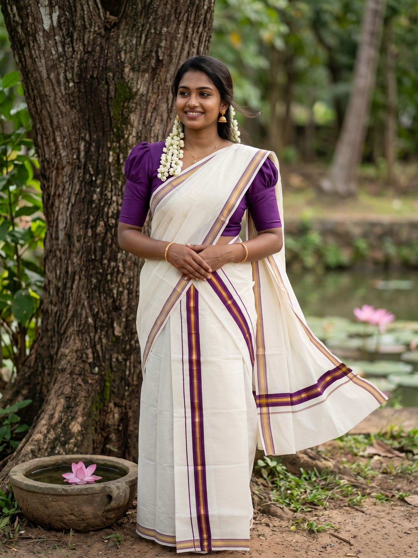 Southloom Kerala Cotton  Single Set Mundu (Mundum Neriyathum) with Kasavu and Purple Border