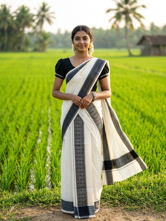 Kerala Cotton Single Set Mundu (Mundum Neriyathum) with Black Block print Border 2.80Mtrs