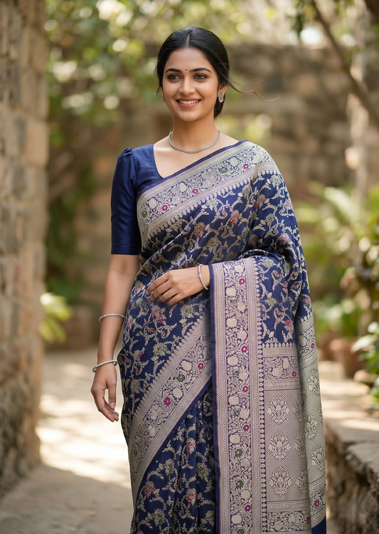 Southloom Pure Banarasi Silk Saree with Woven Work on Body and Borders (Blue)