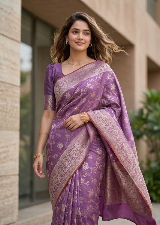 Southloom Pure Banarasi Silk Saree with Woven Work on Body and Borders (Lavender)