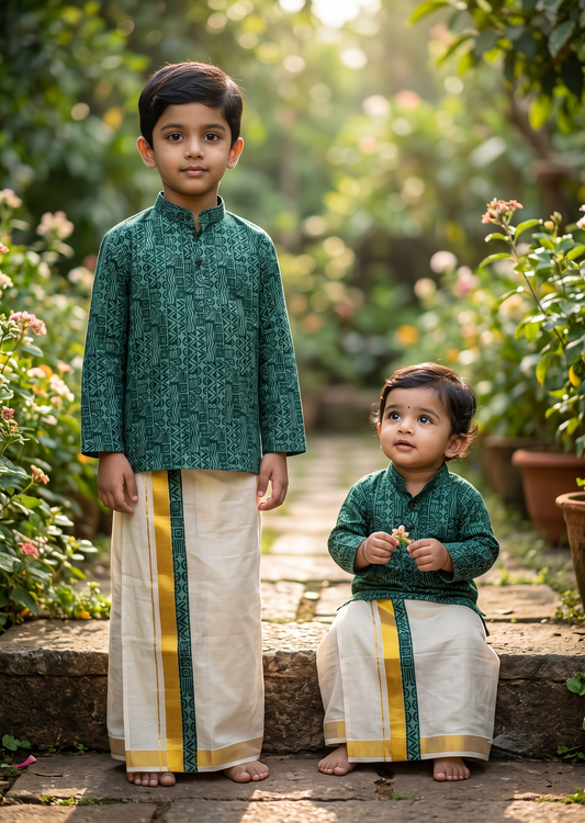 Southloom Tissue Ajrakh Printed Kids's Combo (Shirt + Velcro Mundu) SLKCOMBO