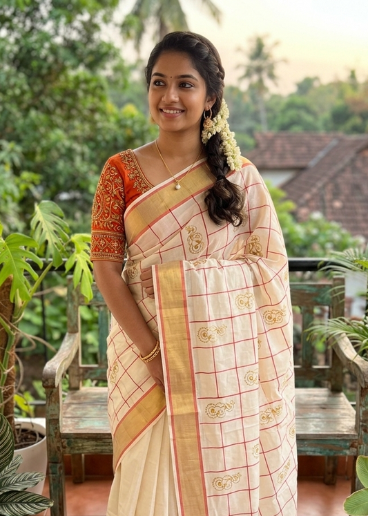 Kerala Cotton Orange Saree With Embroidery Work SL197