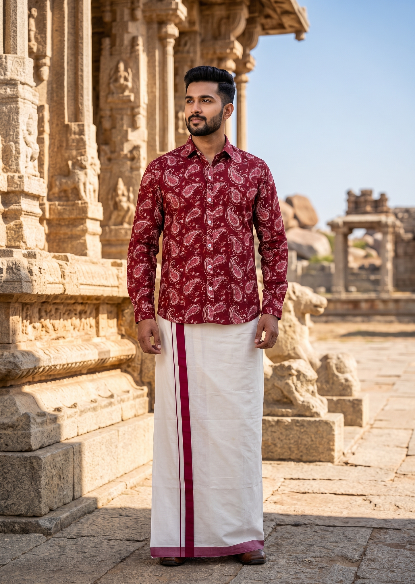Southloom Cotton Jaipur Printed Men's Combo Full Sleeve (Shirt + Mundu) SLCOMBO SL564