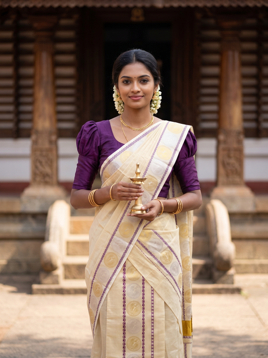 Southloom Tissue Set Mundu with Gold Kasavu And Peacock Design With Purple in Borders 2.80 Mtrs SL379