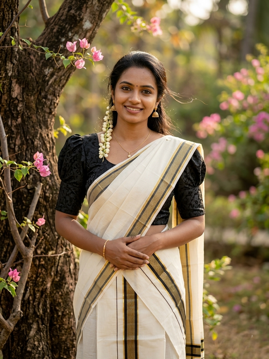Pure Cotton Kerala Single Set Mundu (Mundum Neriyathum) with Black and Kasavu Border 2.80 Mtrs