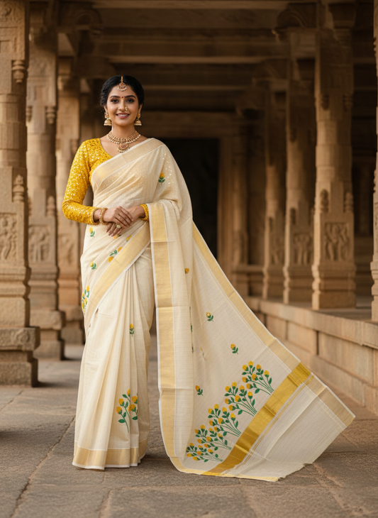 Southloom Tissue Kerala Kasavu Saree with Floral Embroidery Design in Yellow
