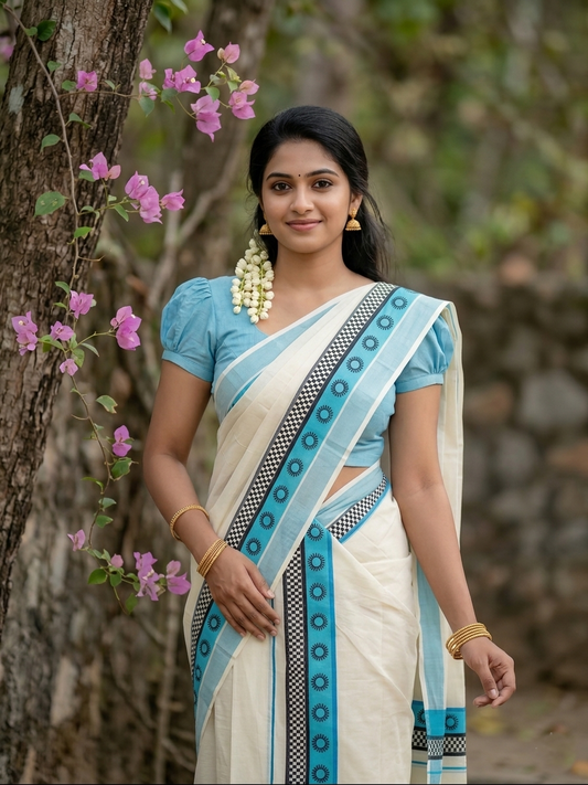 Kerala Cotton Single Set Mundu (Mundum Neriyathum) with Blue Black Block Prints on Border in 2.80 Mtrs