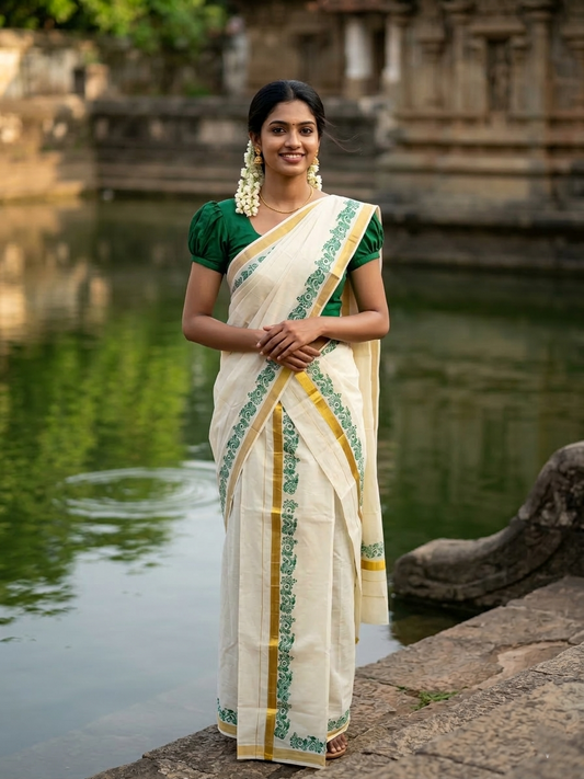 Southloom Pure Cotton Kerala Single Floral Print Set Mundu (Mundum Neriyathum) Green Border in 2.80 mtrs SL245