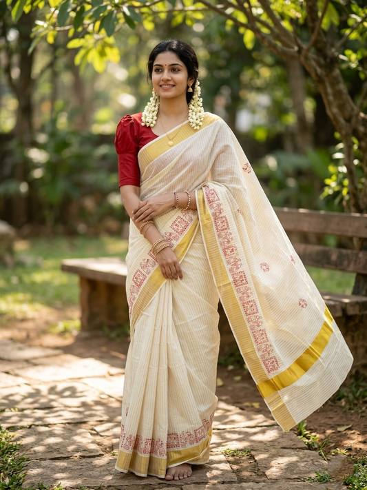 Kerala Cotton  Kasavu Saree With Mural Festival Parasol Stripes and Red Elephant Design And Embroidery Work