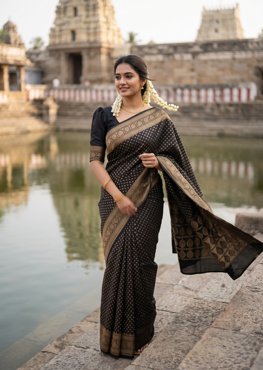 Southloom Munga Silk Saree with Woven Work on Body and Borders (Black)