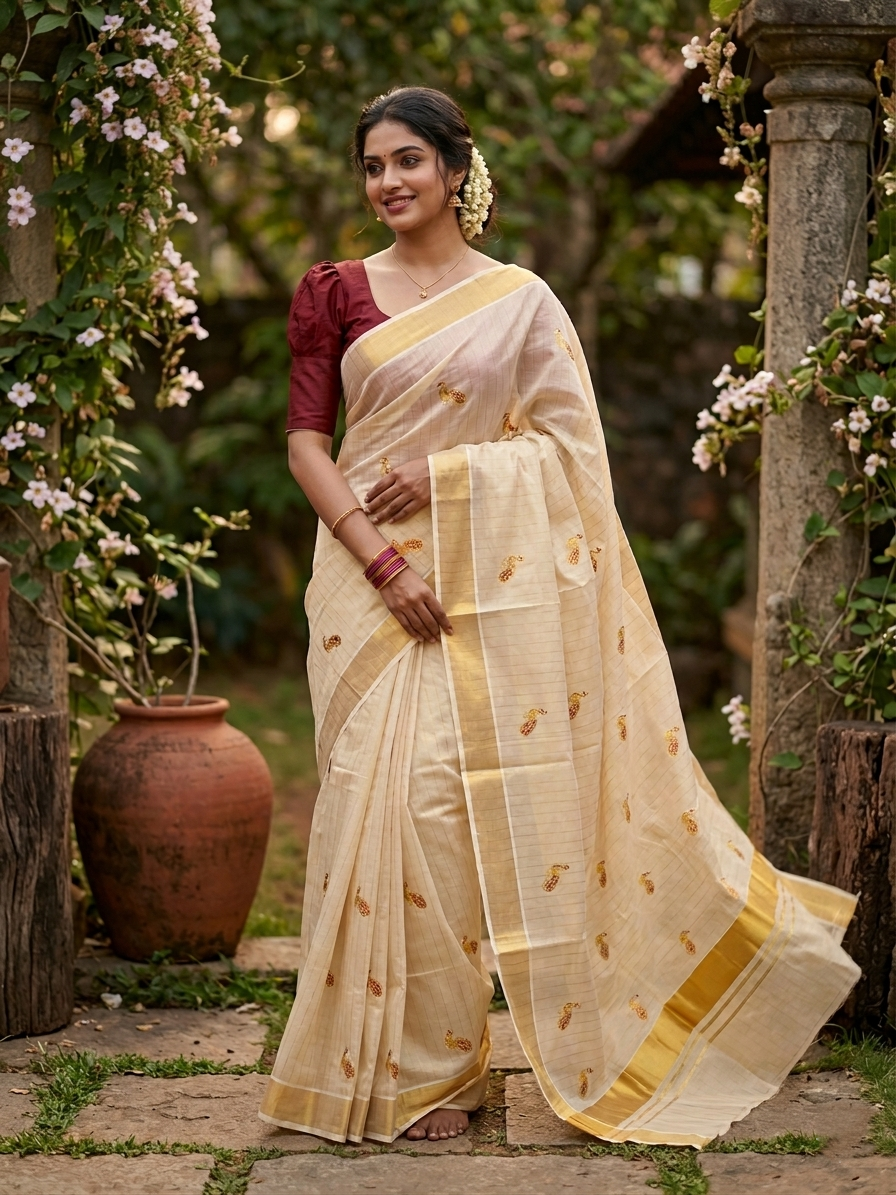 Southloom Tissue Kerala Kasavu Lines Saree with Peacock Embroidery Work on Body in Maroon
