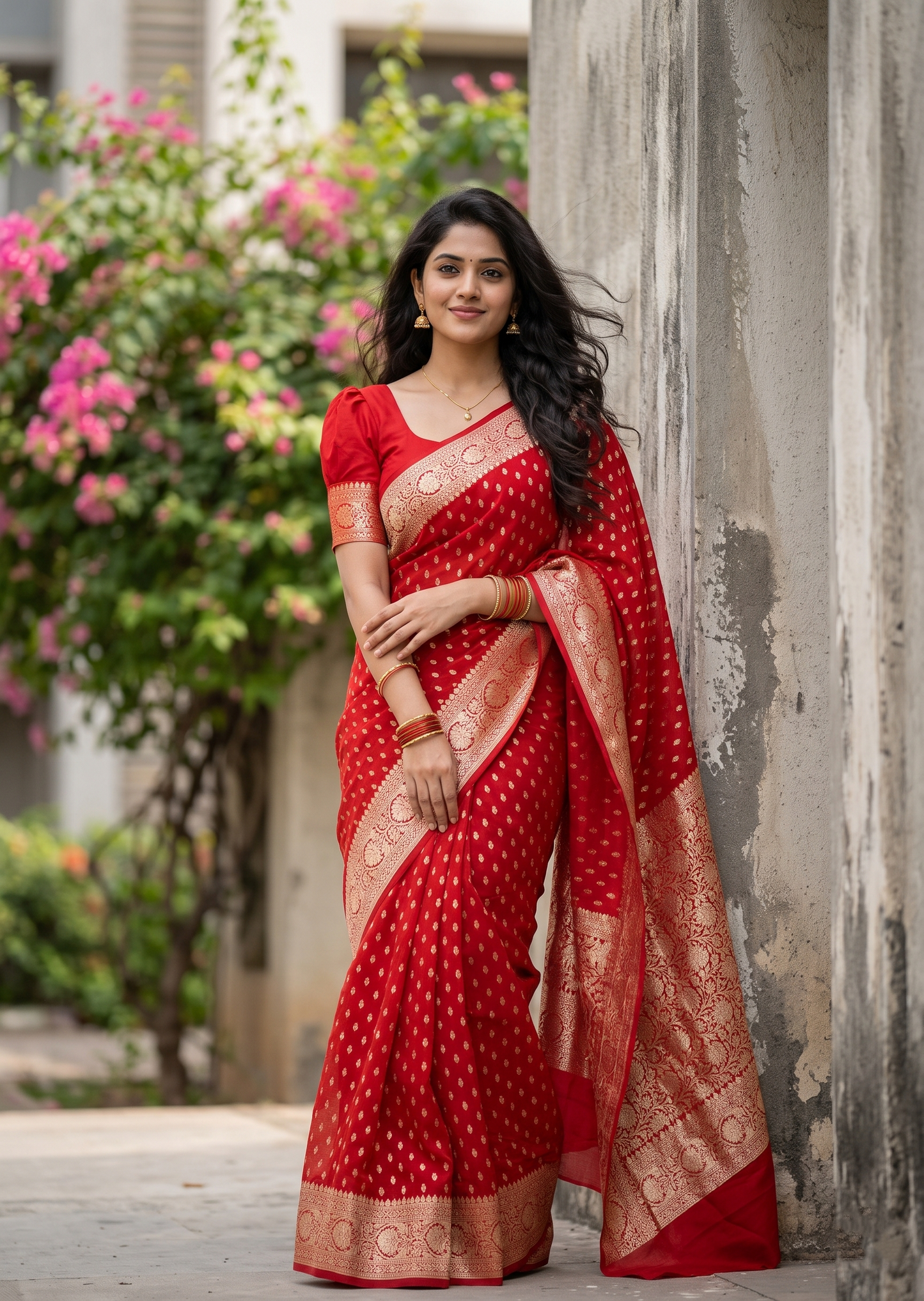 Southloom Cotton Banarasi Silk Saree with Woven Work on Body and Borders (Red)