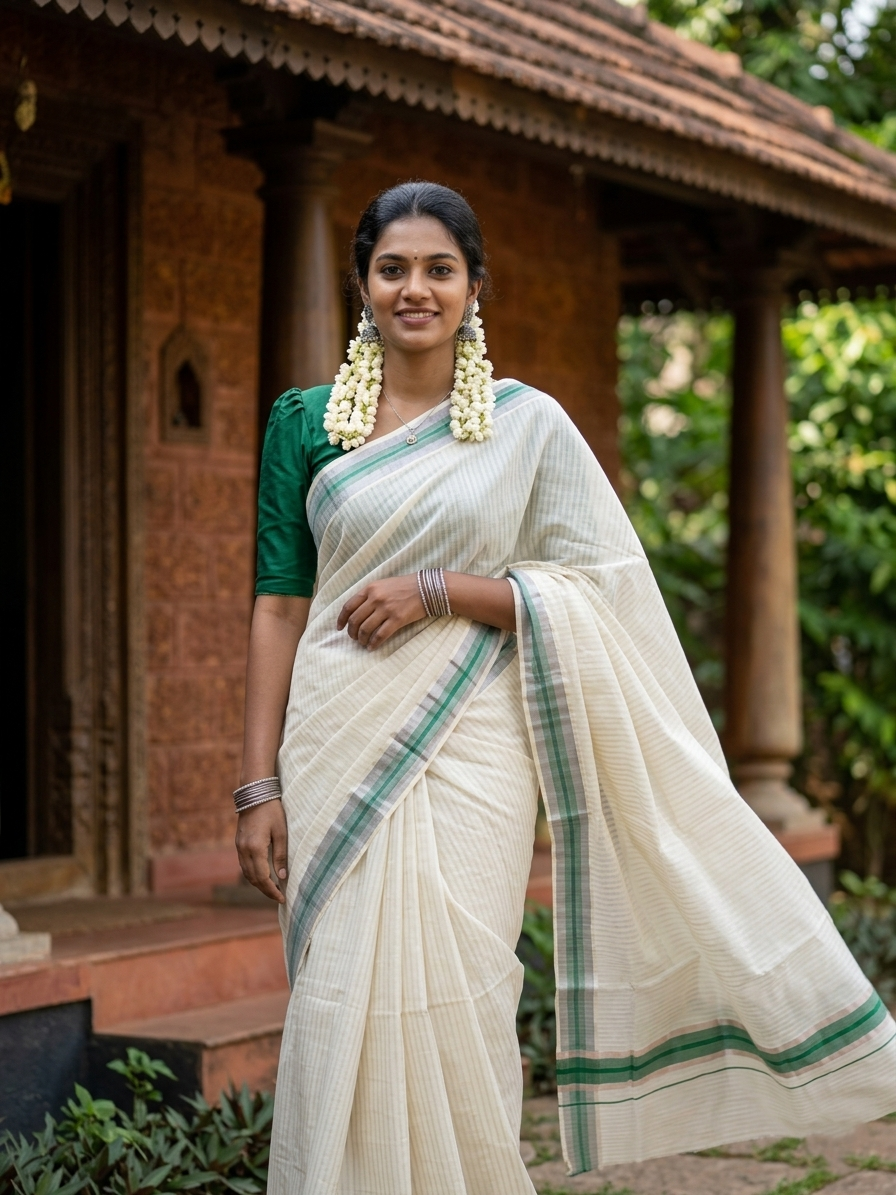 Pure Cotton Kerala Silver Kasavu Lines Saree with 3 inch Green and Silver Border