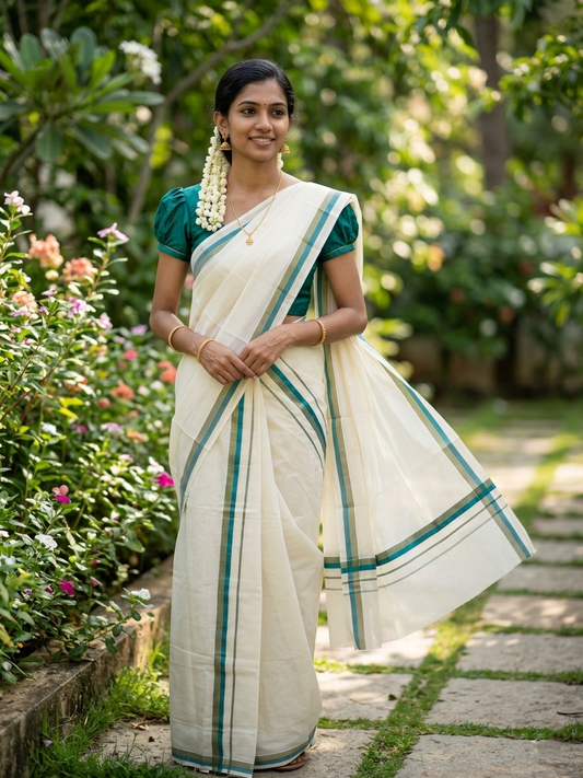 Pure Cotton Kerala Single Set Mundu (Mundum Neriyathum) with Peacock Green Kasavu Border in 2.80 Mtrs