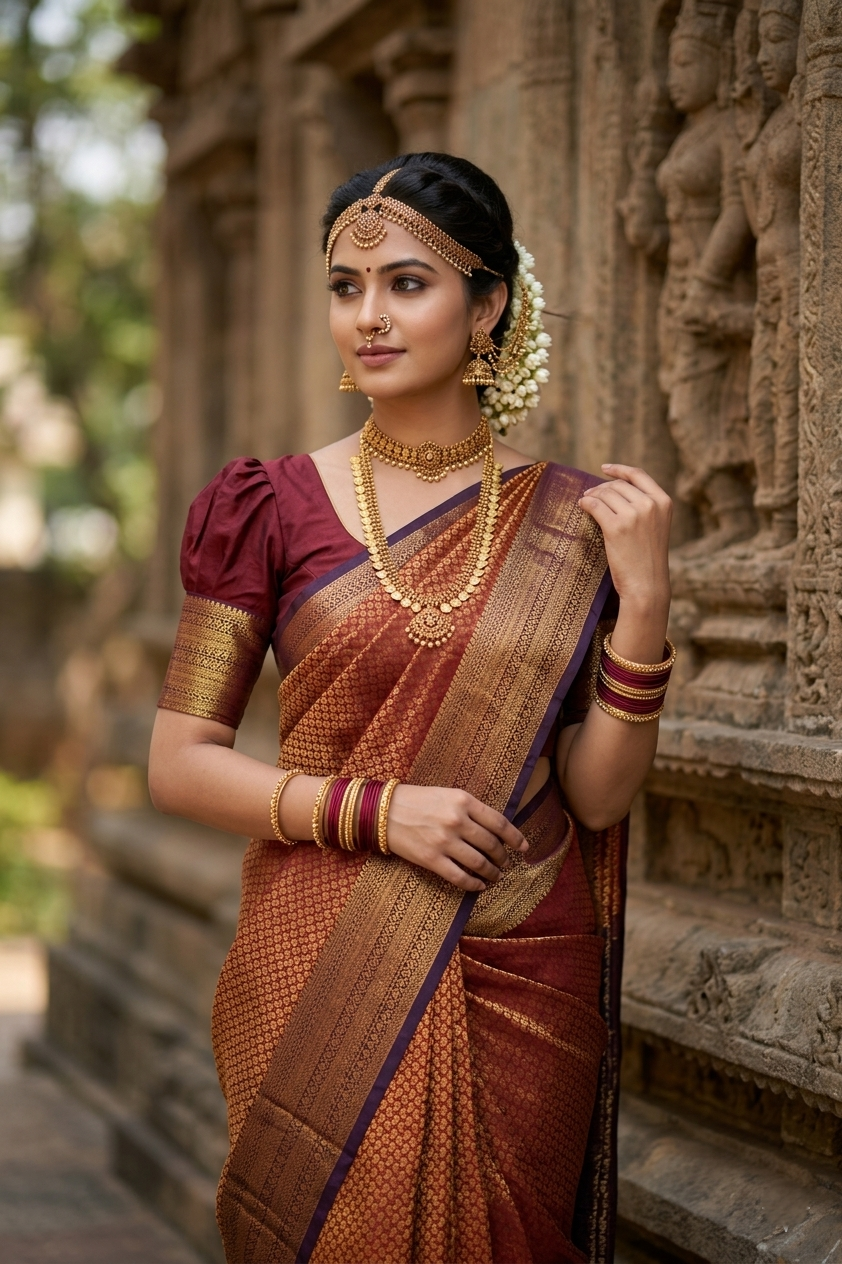 Southloom Banarasi  Silk Brocade Bridal Saree WIth Woven Borders And Blouse Piece