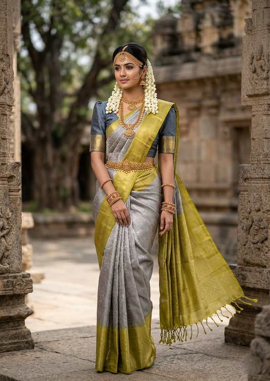Southloom Pure Handloom Bridal Kanchipuram Silk Saree with Korvai Work (Green & Grey)