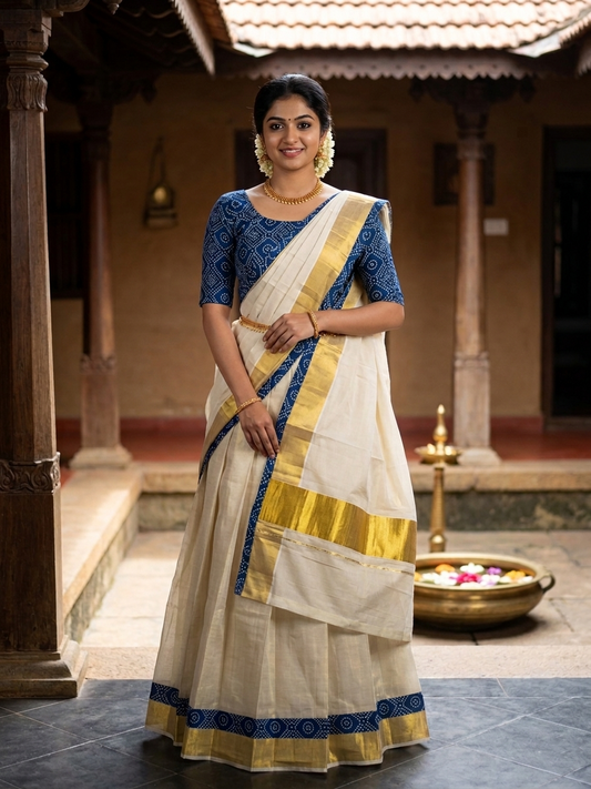 Southloom Semi Stitched Tissue Dhavani Set with Pavada and Ajrakh Blouse Piece